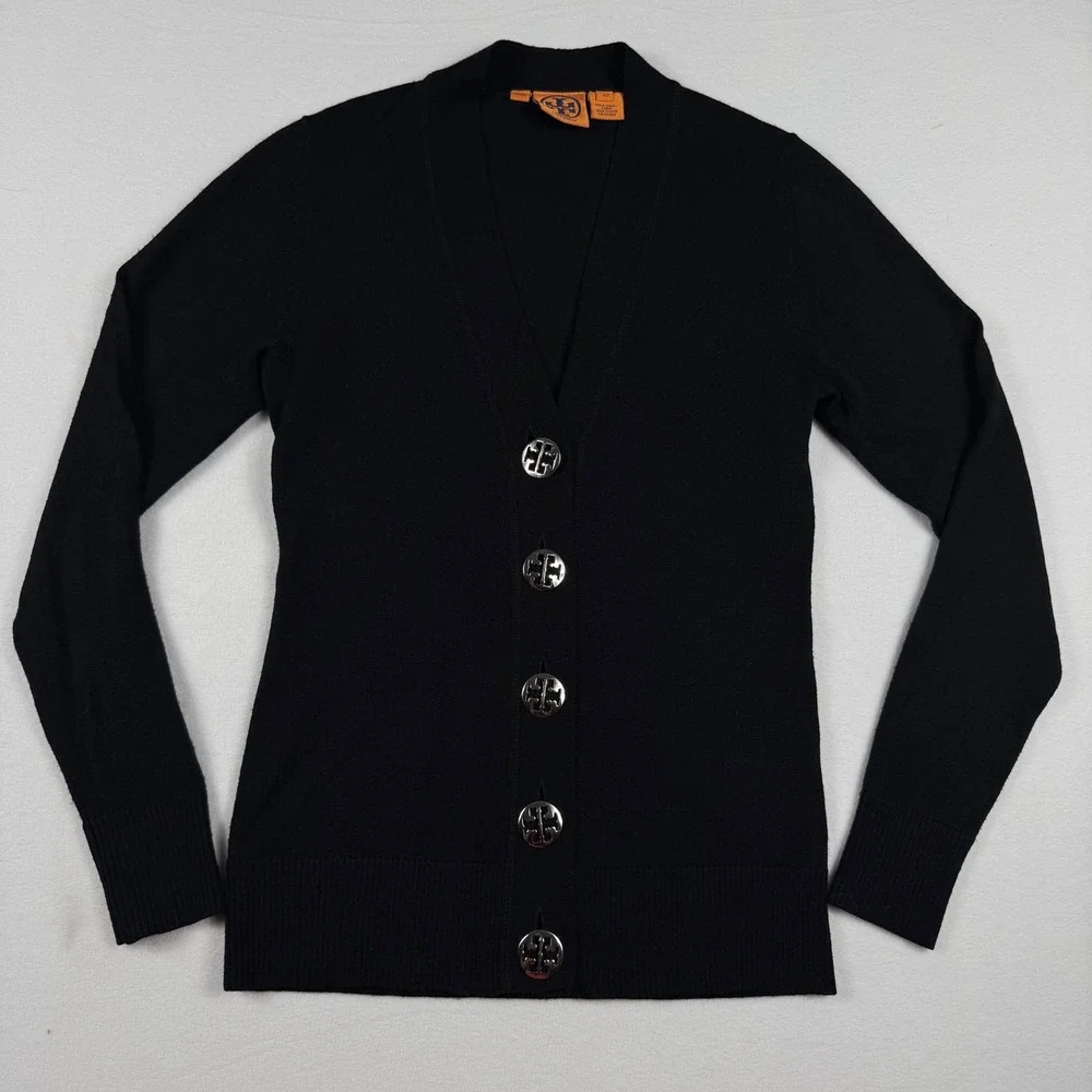 Tory Burch Simone Cardigan XS Black Wool Logo Button Preppy Minimalist Sweater